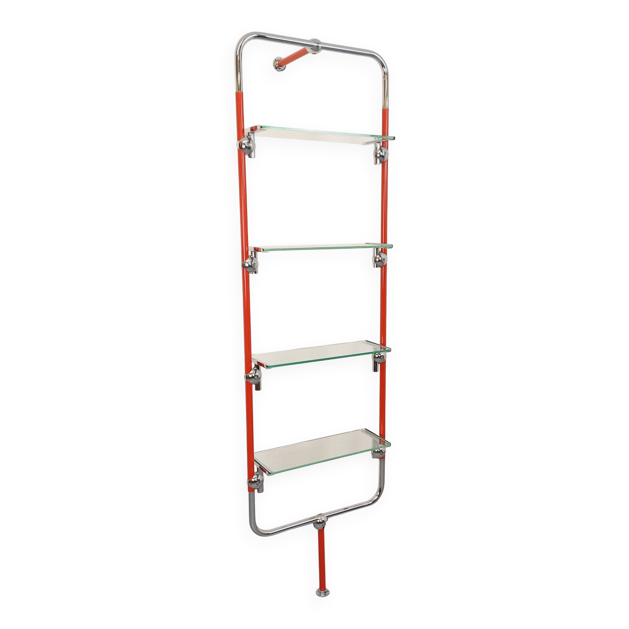 Modular bookshelf in vintage Bauhaus style, red metal, chrome.