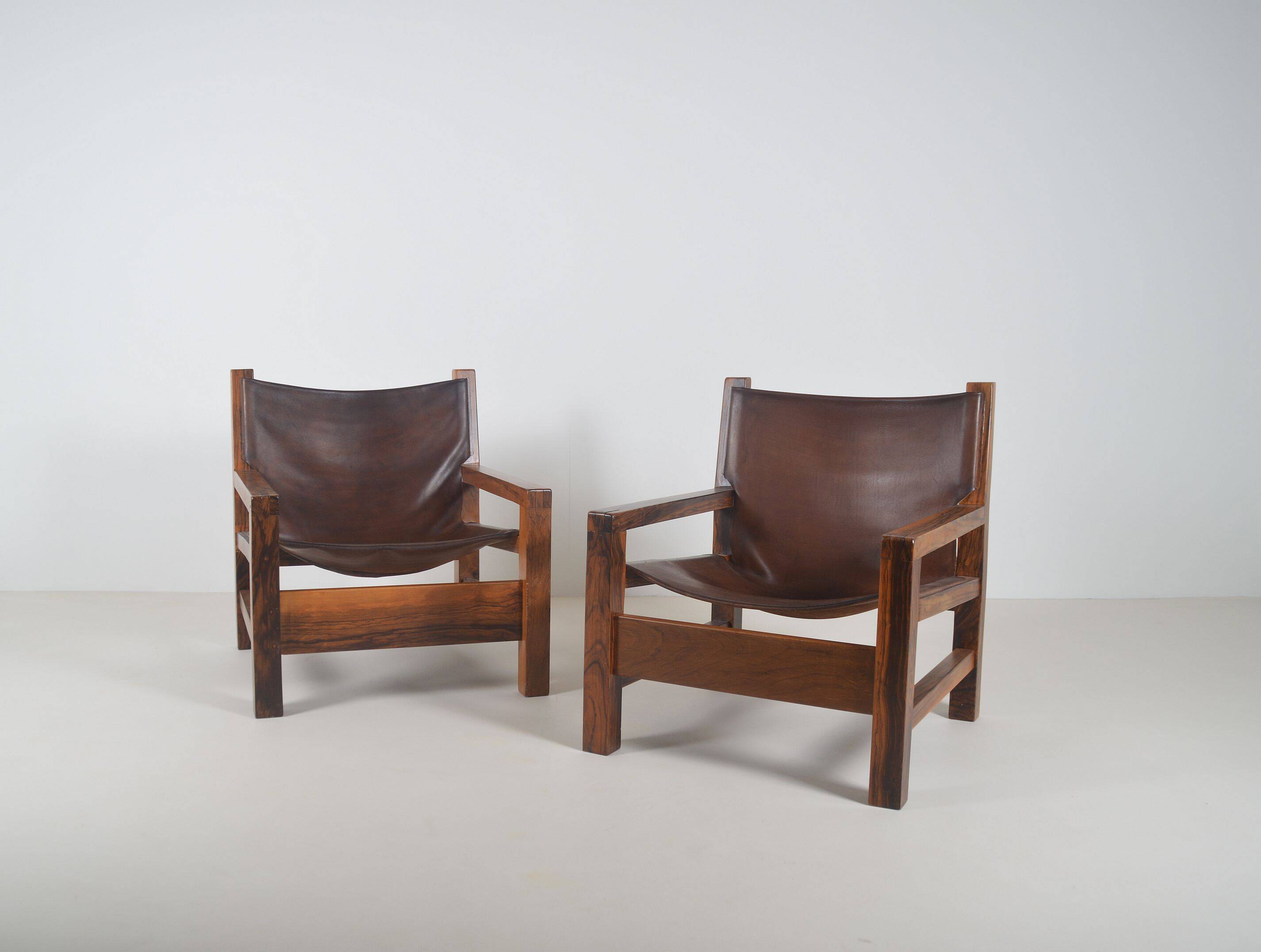 Set of French armchairs in olive wood with saddle leather, 1970s