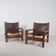 Set of French armchairs in olive wood with saddle leather, 1970s