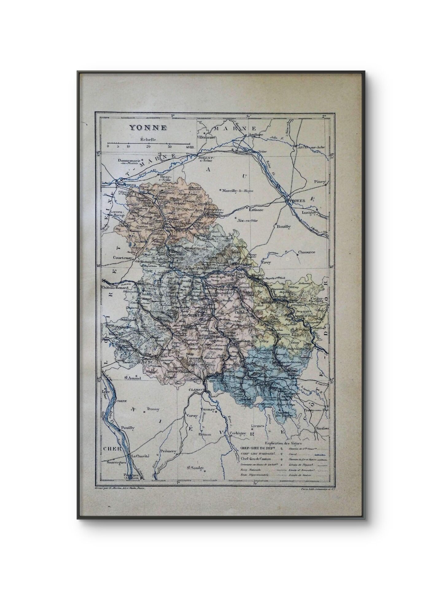 Map of the Yonne, printed in 1889. Authentic Vintage.