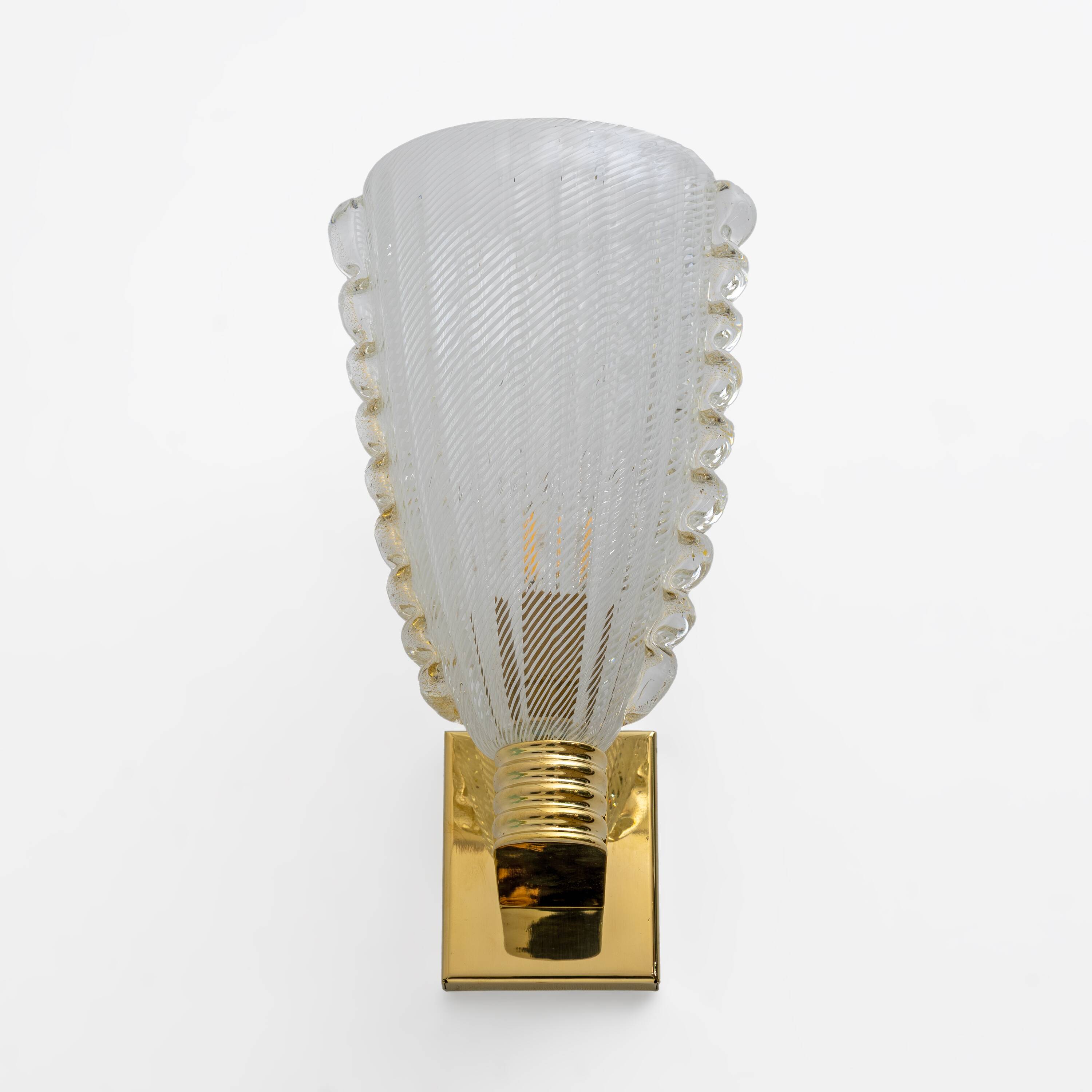 Attributed to Barovier & Toso Brass and "Reticello" Murano Glass Sconces