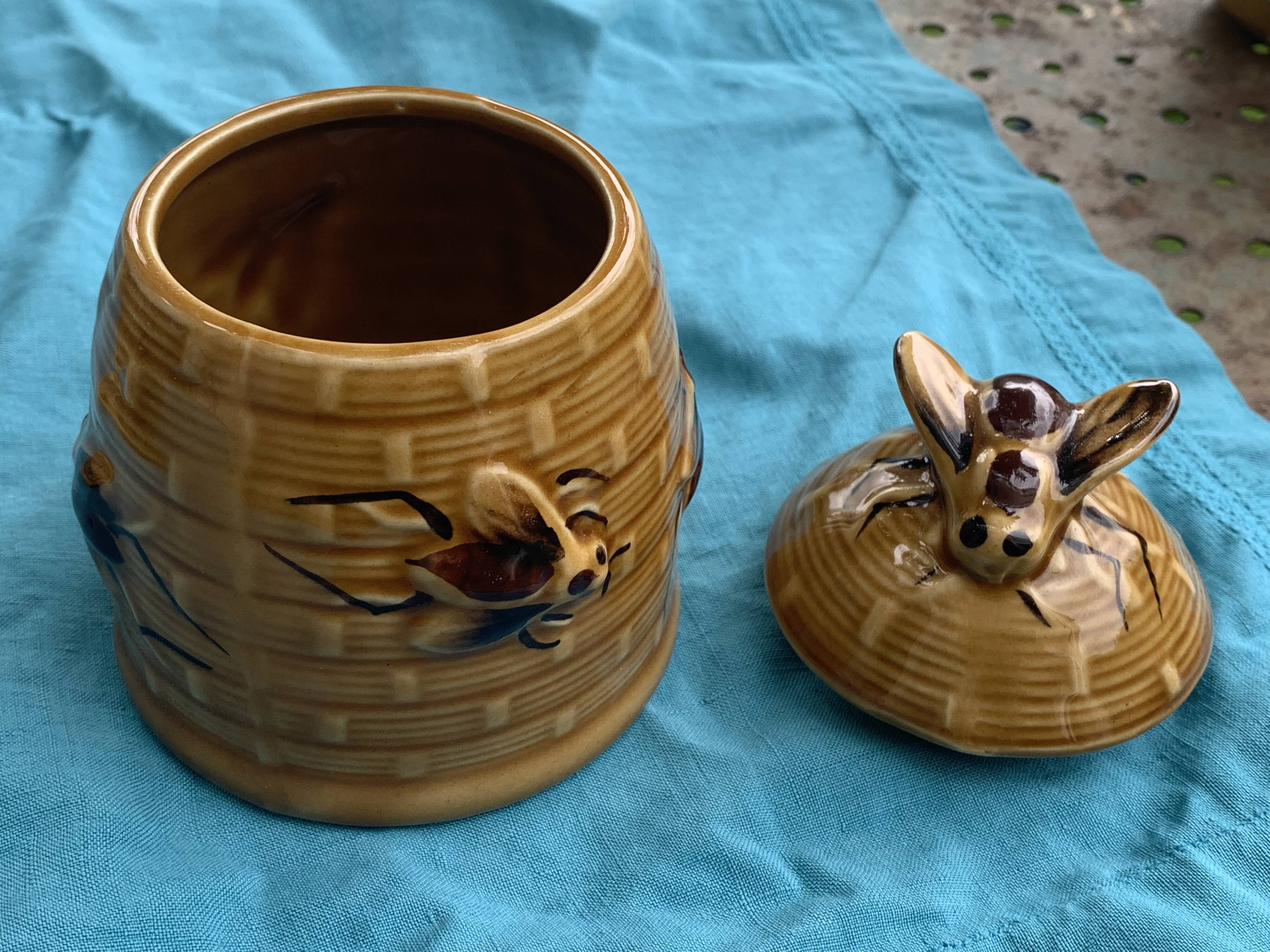 Beehive and bee honey pot in slip, vintage enameled ceramic