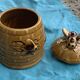 Beehive and bee honey pot in slip, vintage enameled ceramic