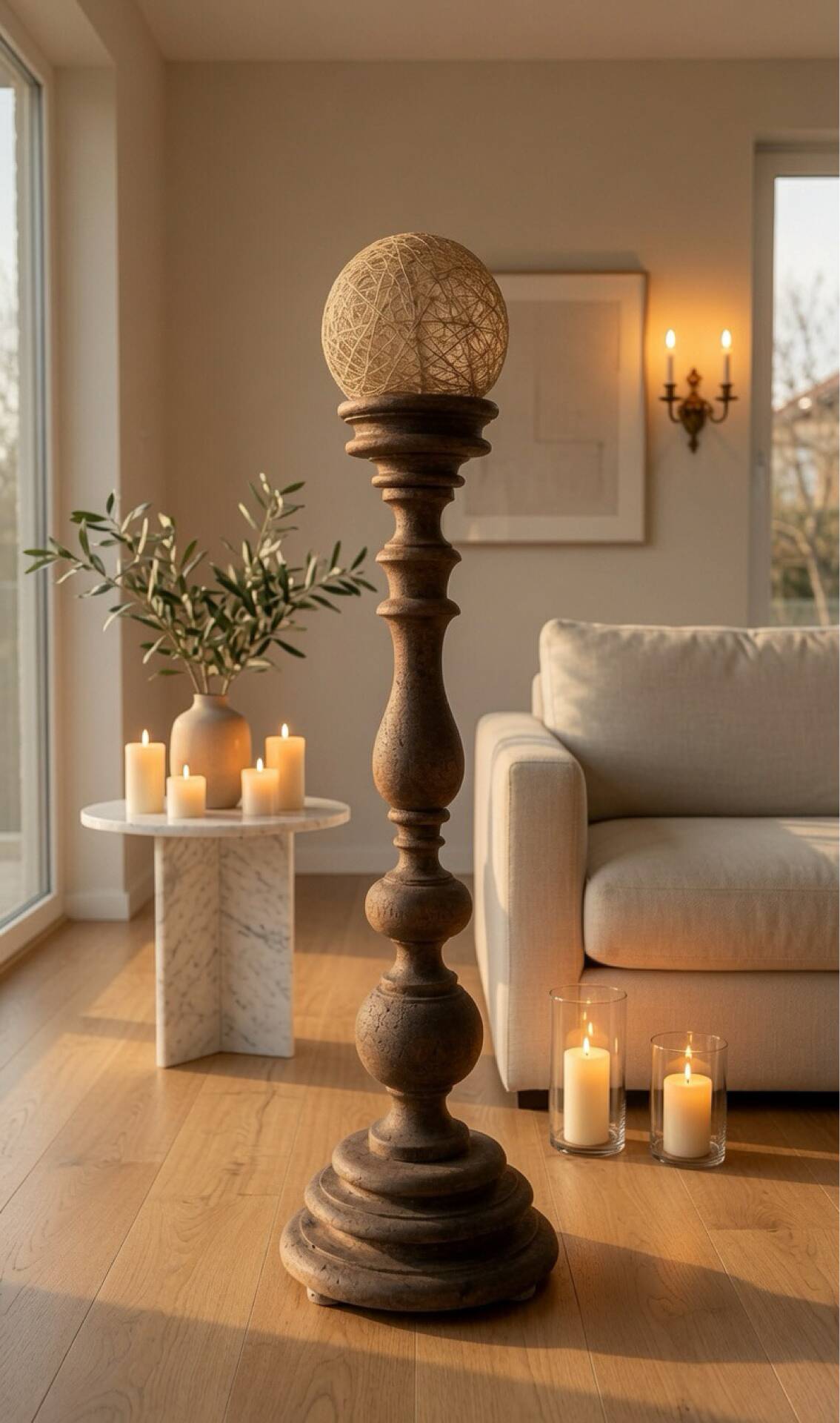 Large hand-patinated wooden candlestick – 100 cm – Unique piece