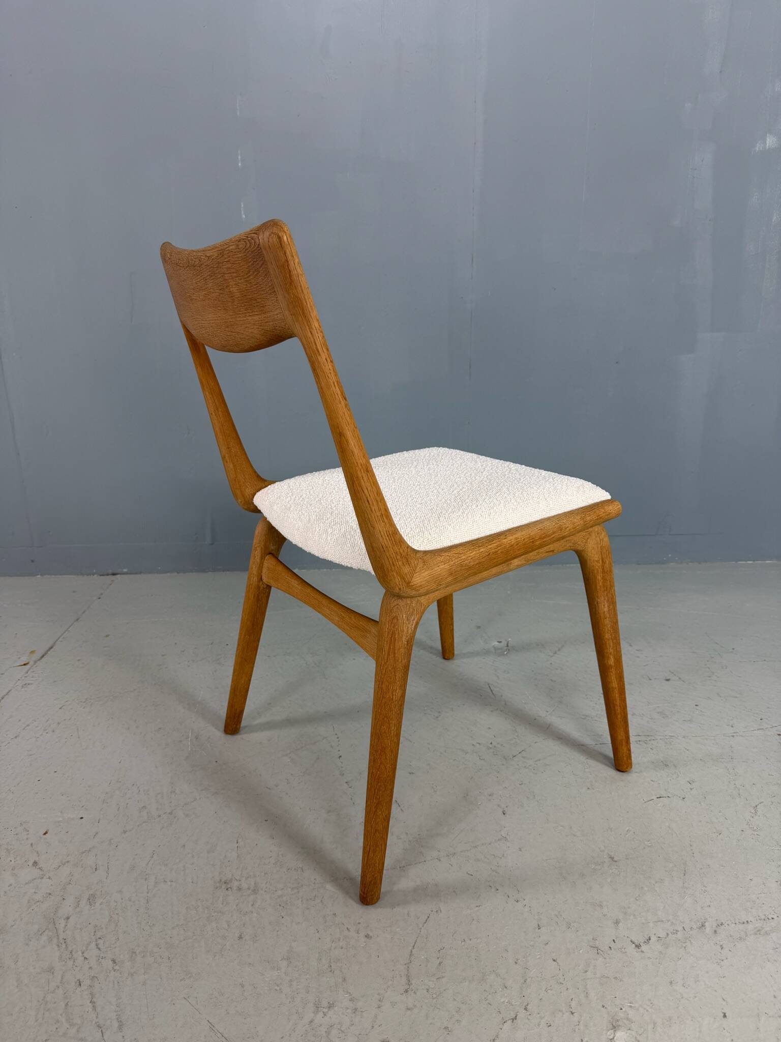 Alfred Christensen Danish oak "Boomerang" chairs set of 6 boucle fabric