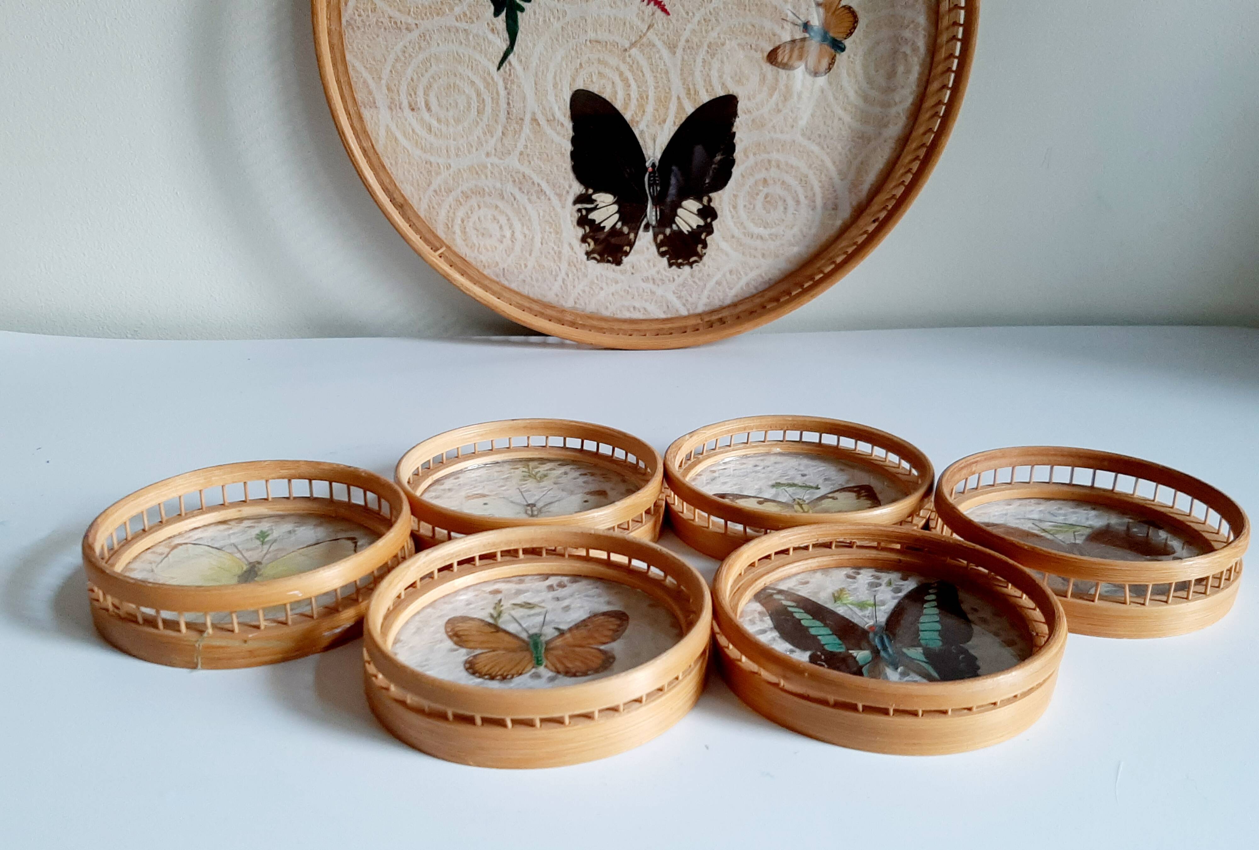 Butterfly tray and 6 coasters