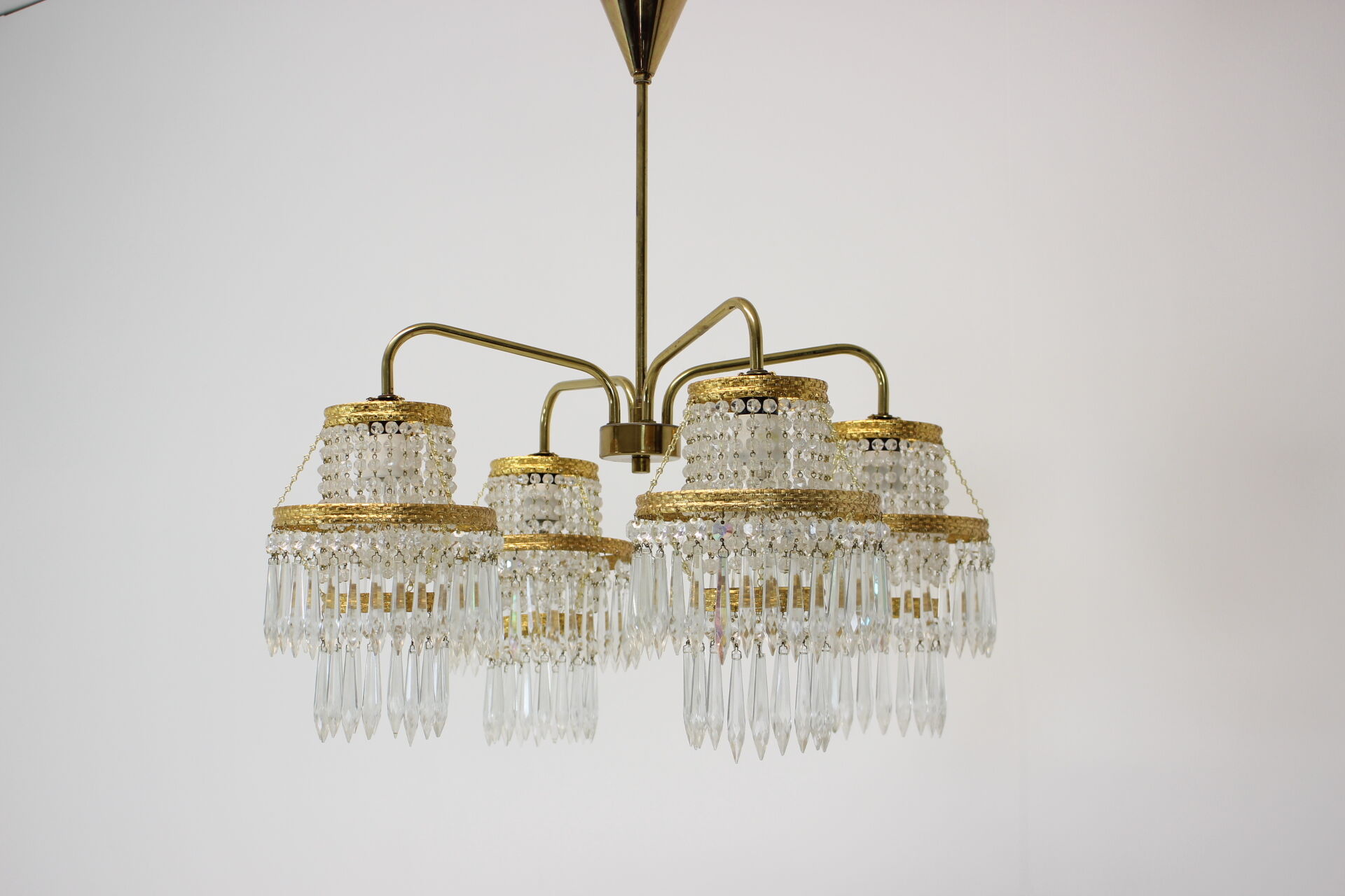 1950s, vintage crystal brass chandelier, železnobrodské sklo,czechoslovakia