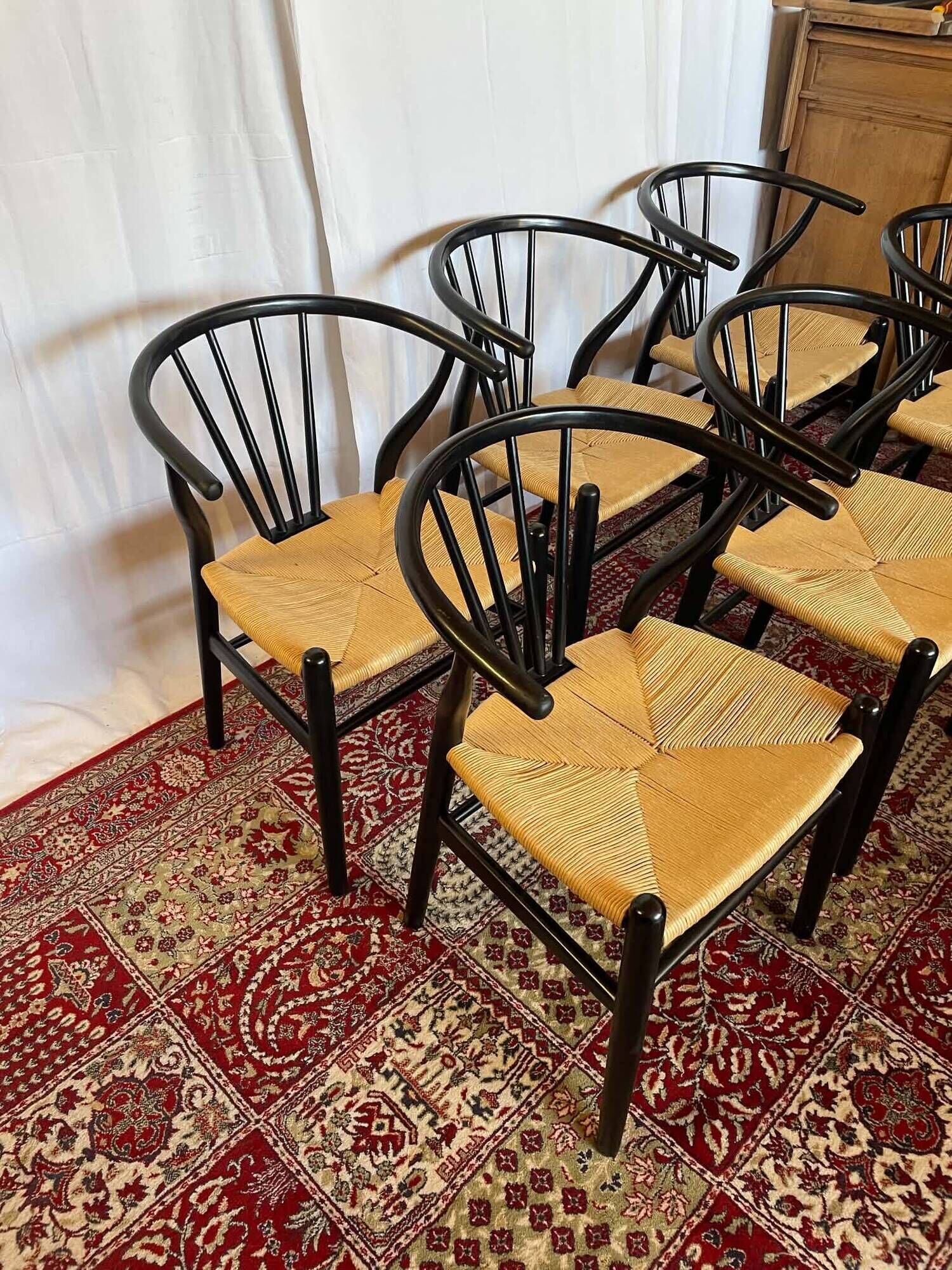 Set of 6 black wooden chairs with straw seats – Bistro style