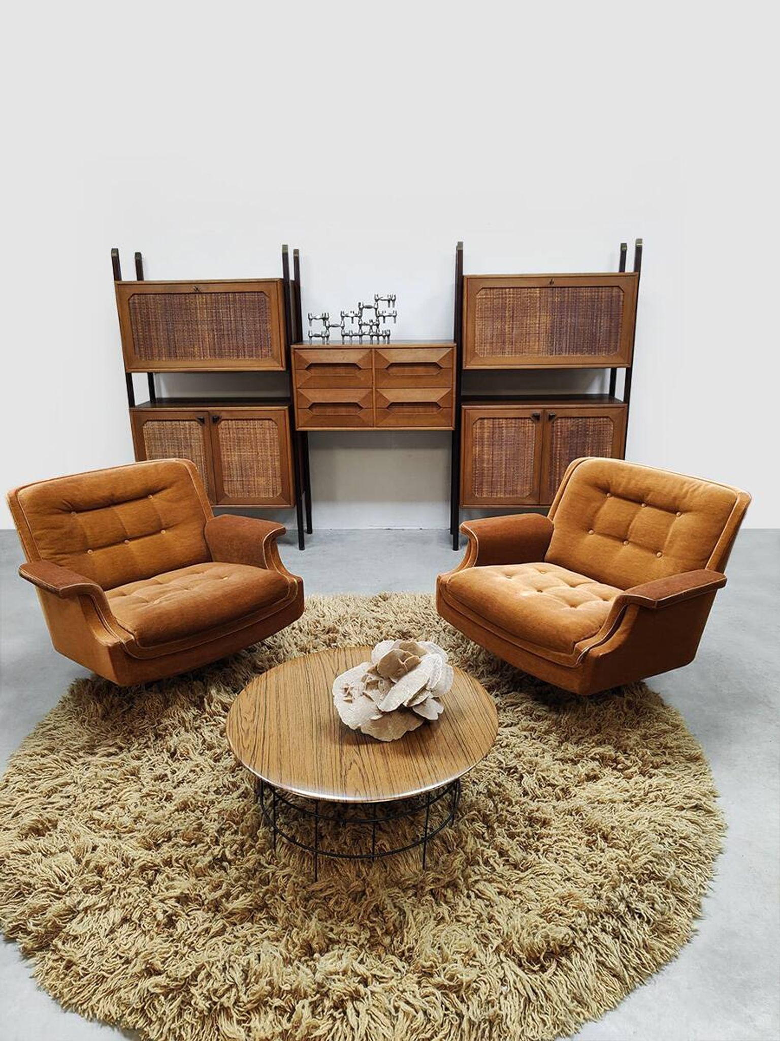Rare Italian midcentury design modular teak webbing wall unit cabinet