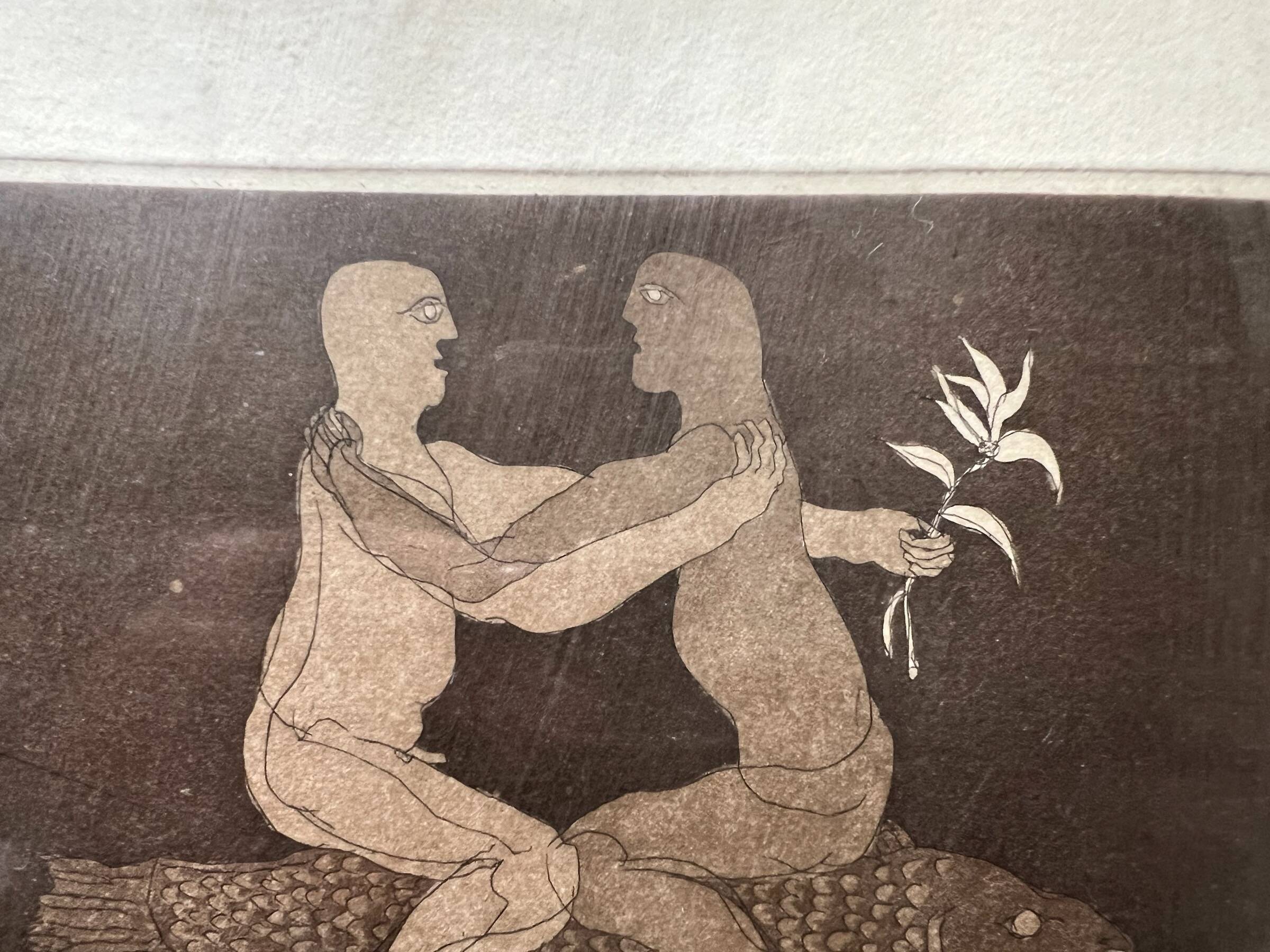 Engraving titled "Love on a Fish" by T. Ogaki