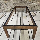 Table basse bois verre fumé vintage 1970"