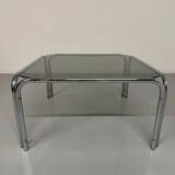 Space coffee table from the 70s, tubular metal and vintage smoked glass