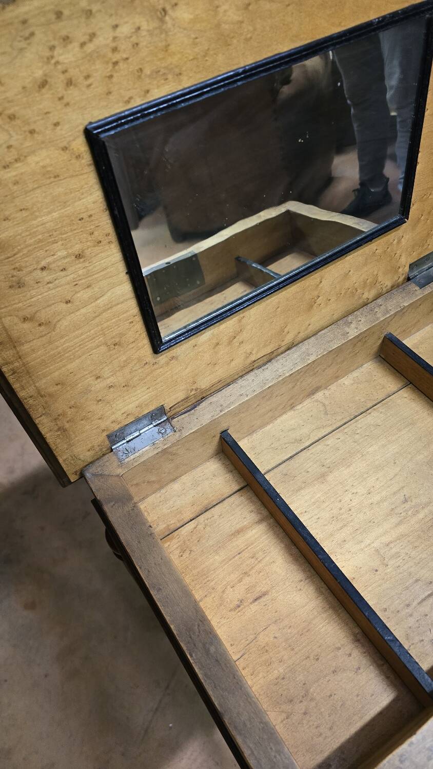 Antique wooden work table, inlaid top and interior mirror.