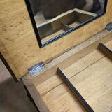 Antique wooden work table, inlaid top and interior mirror.