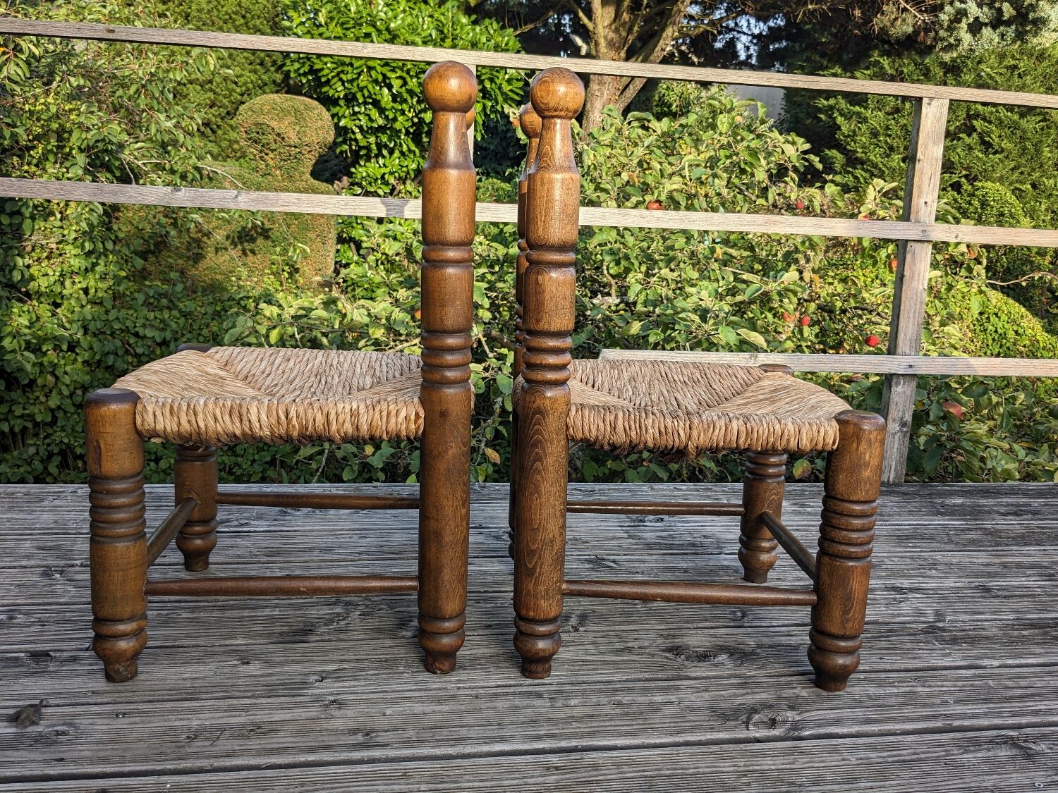 Duo of brutalist straw-covered oak chairs 1940-1950 # Charles Dudouyt