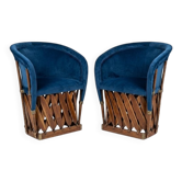 Mexican Equipal Style Chairs in Navy Blue Velvet by Wim Rietveld, Set of 2