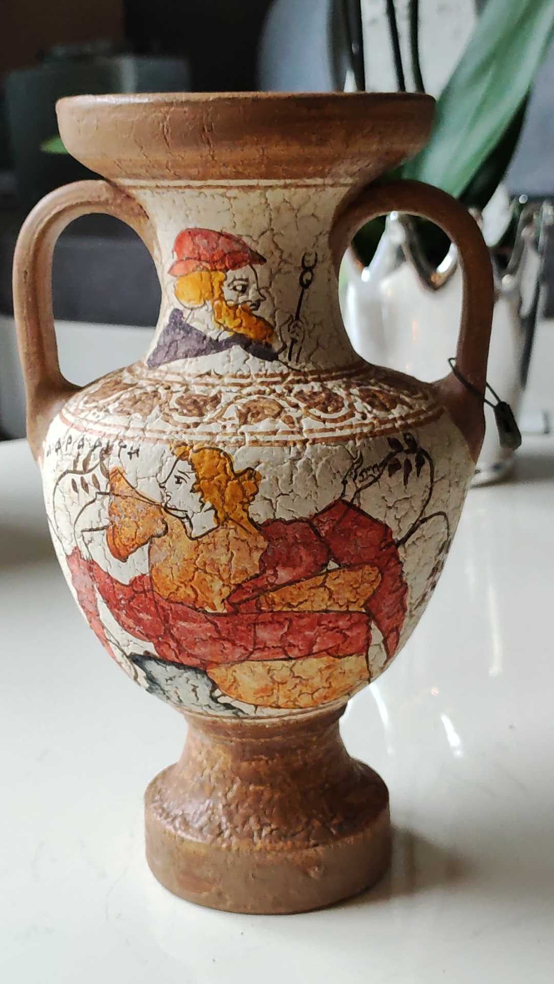 Reproduction Greek Amphora vase in terracotta, cracked effect - Greek Gods/Deities. Signed