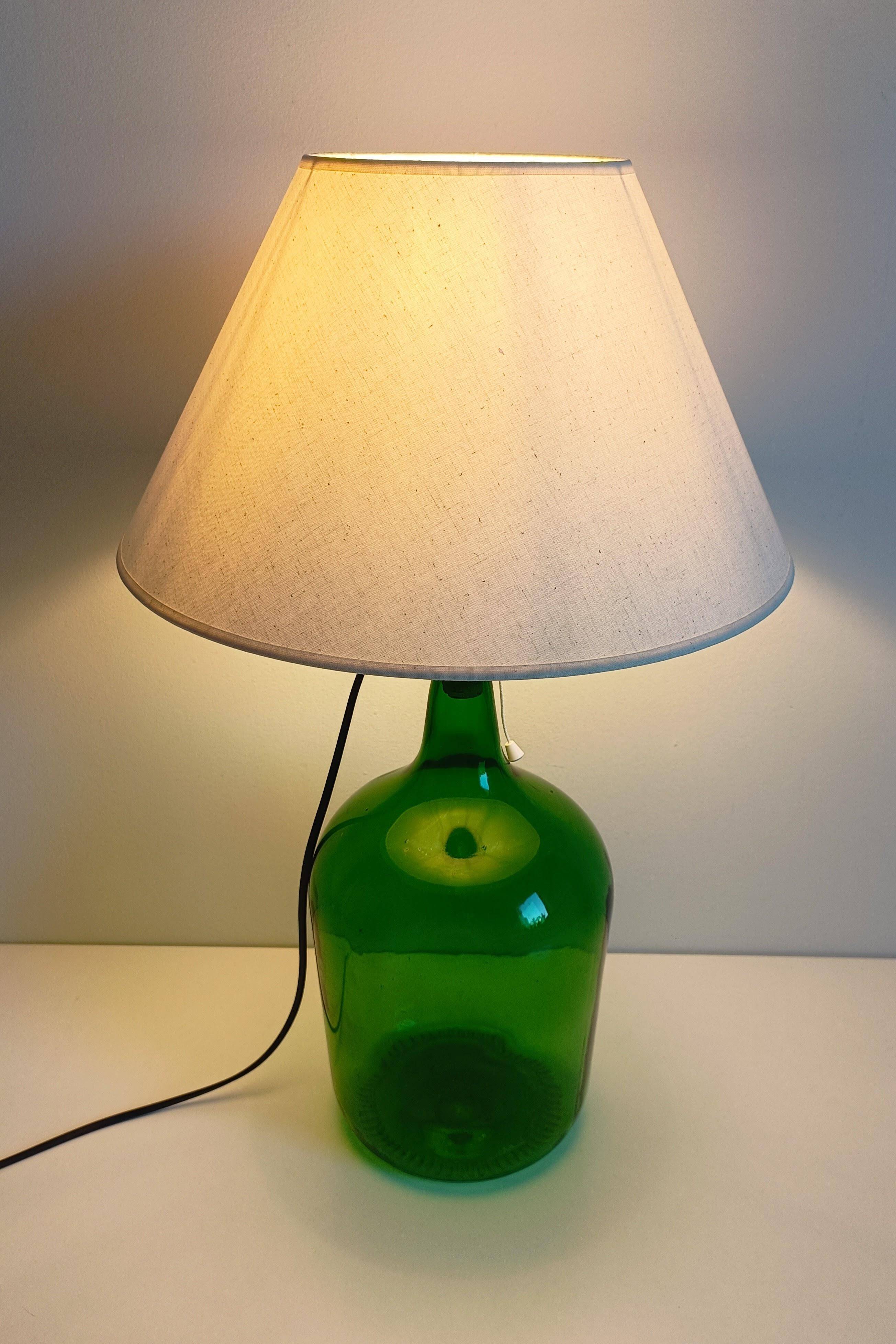 Mid-Century Green Glass Demijohn Table Lamp, Brass Fittings, Contemporary Shade