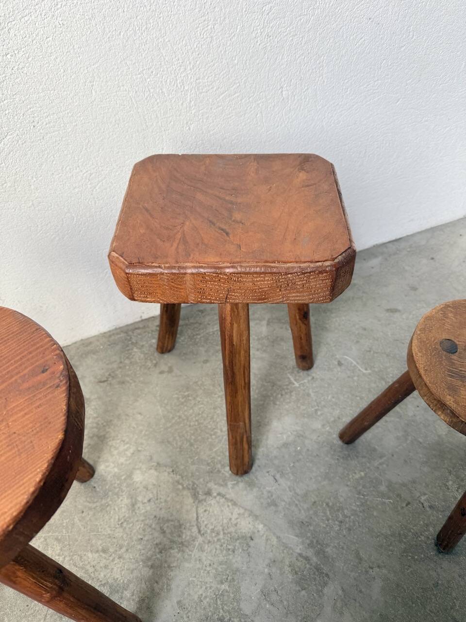 3 free-form oak tripod stools