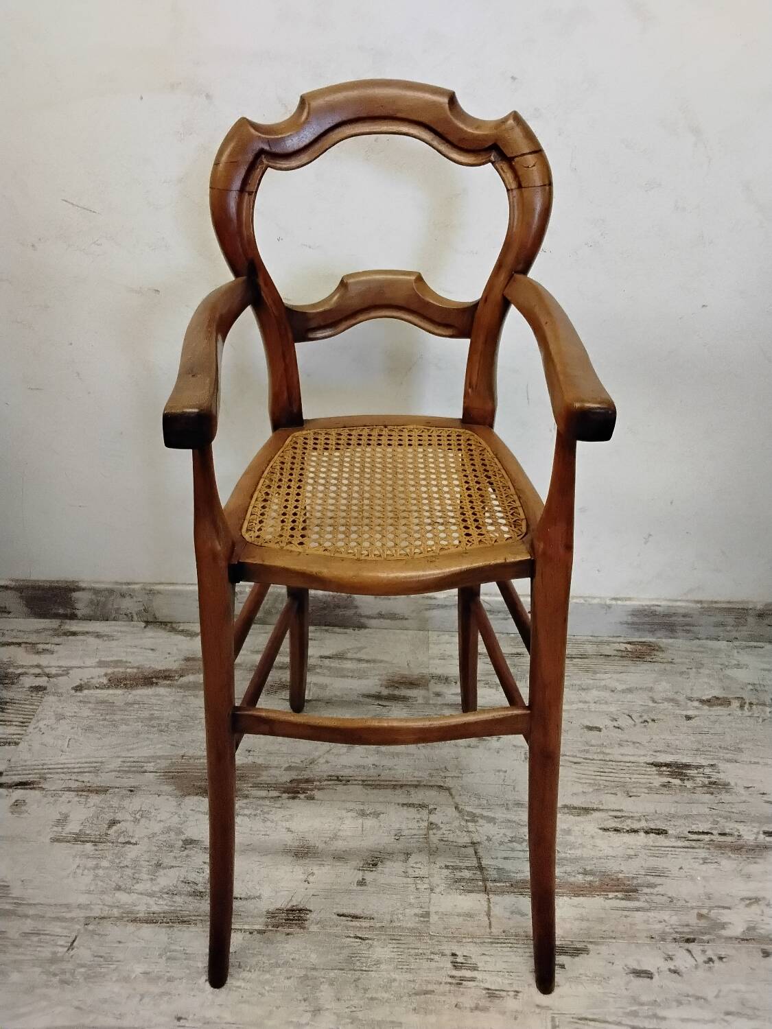 Children's high chair in wood and cane