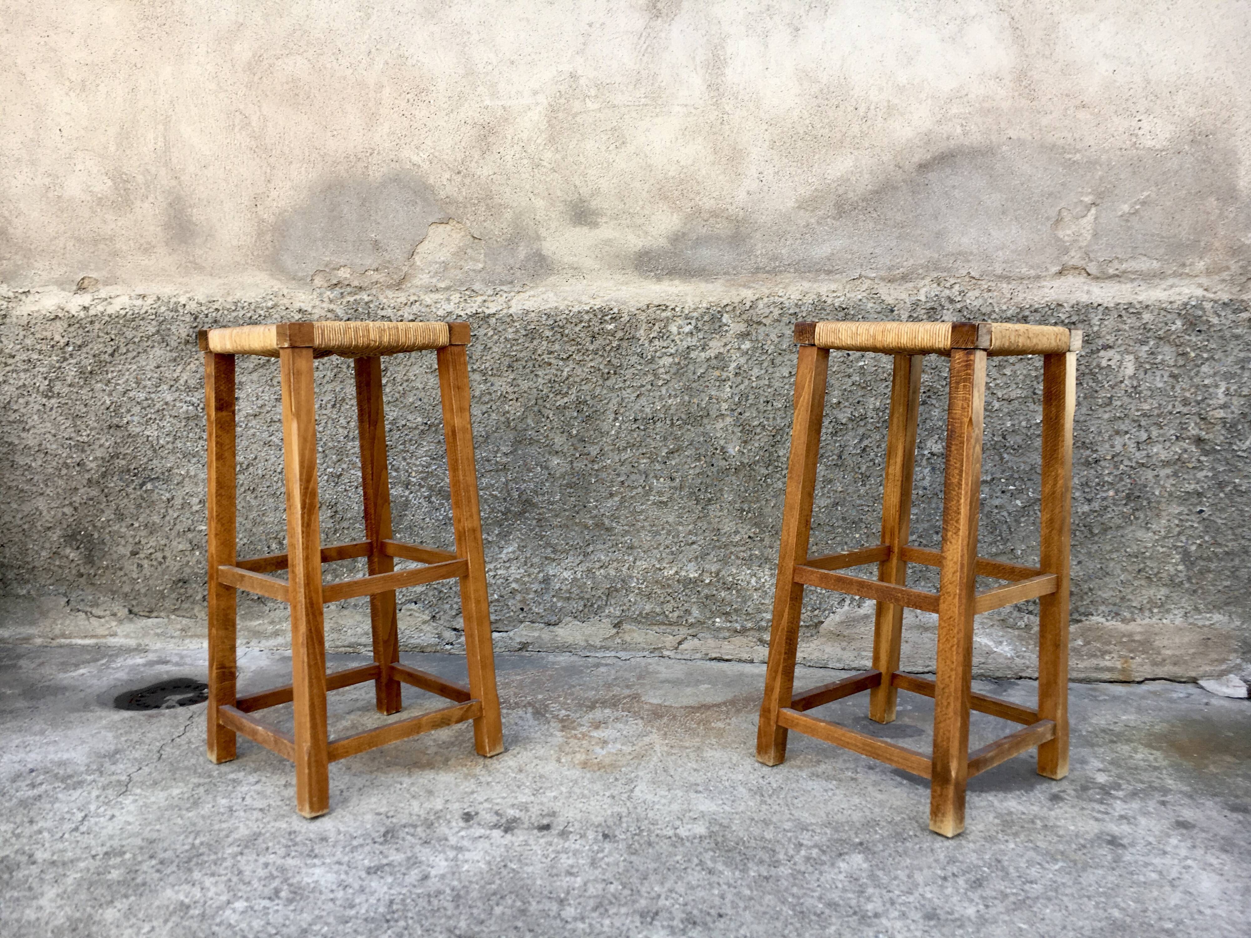 Pair of stools straw end of sofa solid wood 1950 decoration vintage furniture