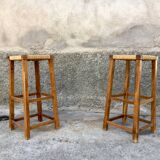 Pair of stools straw end of sofa solid wood 1950 decoration vintage furniture