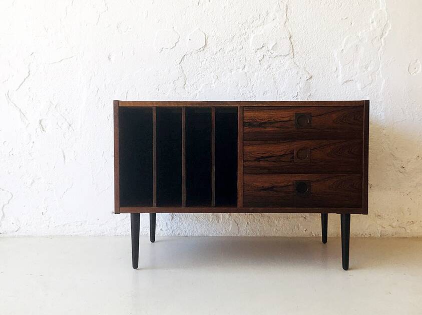 Wooden sideboard with 3 drawers and vinyl storage, Denmark 1970