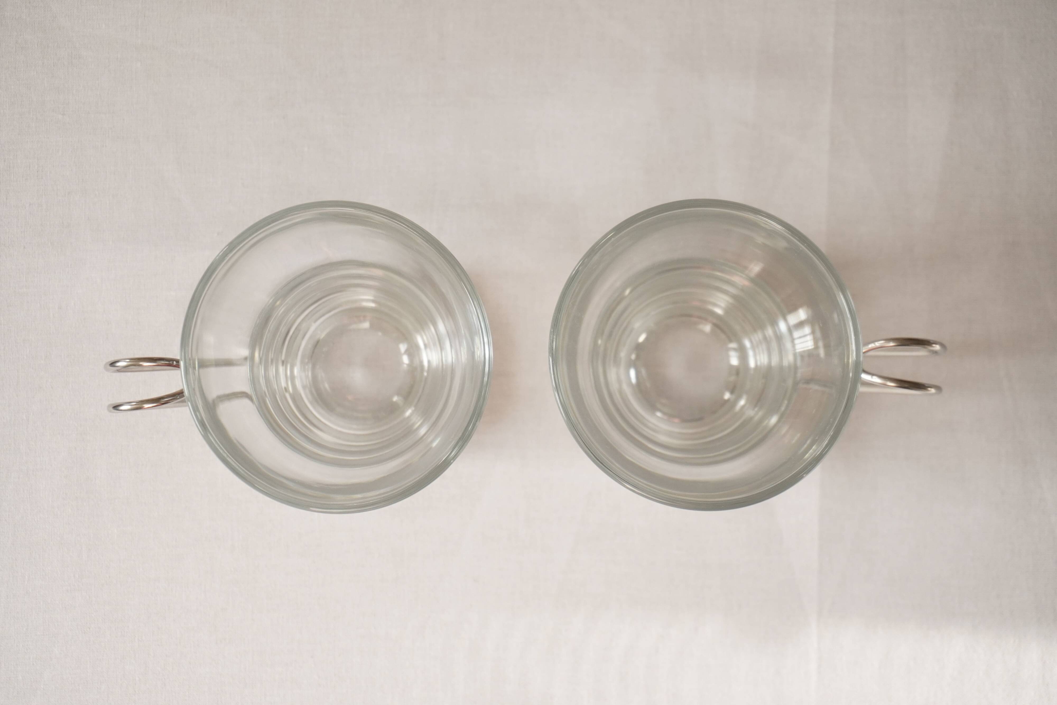 Set of 2 cups, glass and metal stand, Bormiolo Rocco, Italy