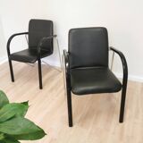 Set of 2 vintage office chairs in black leather chrome base plastic armrests / retro 1980s room
