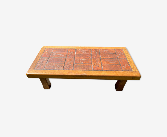 Coffee table solid oak and ceramic 1950