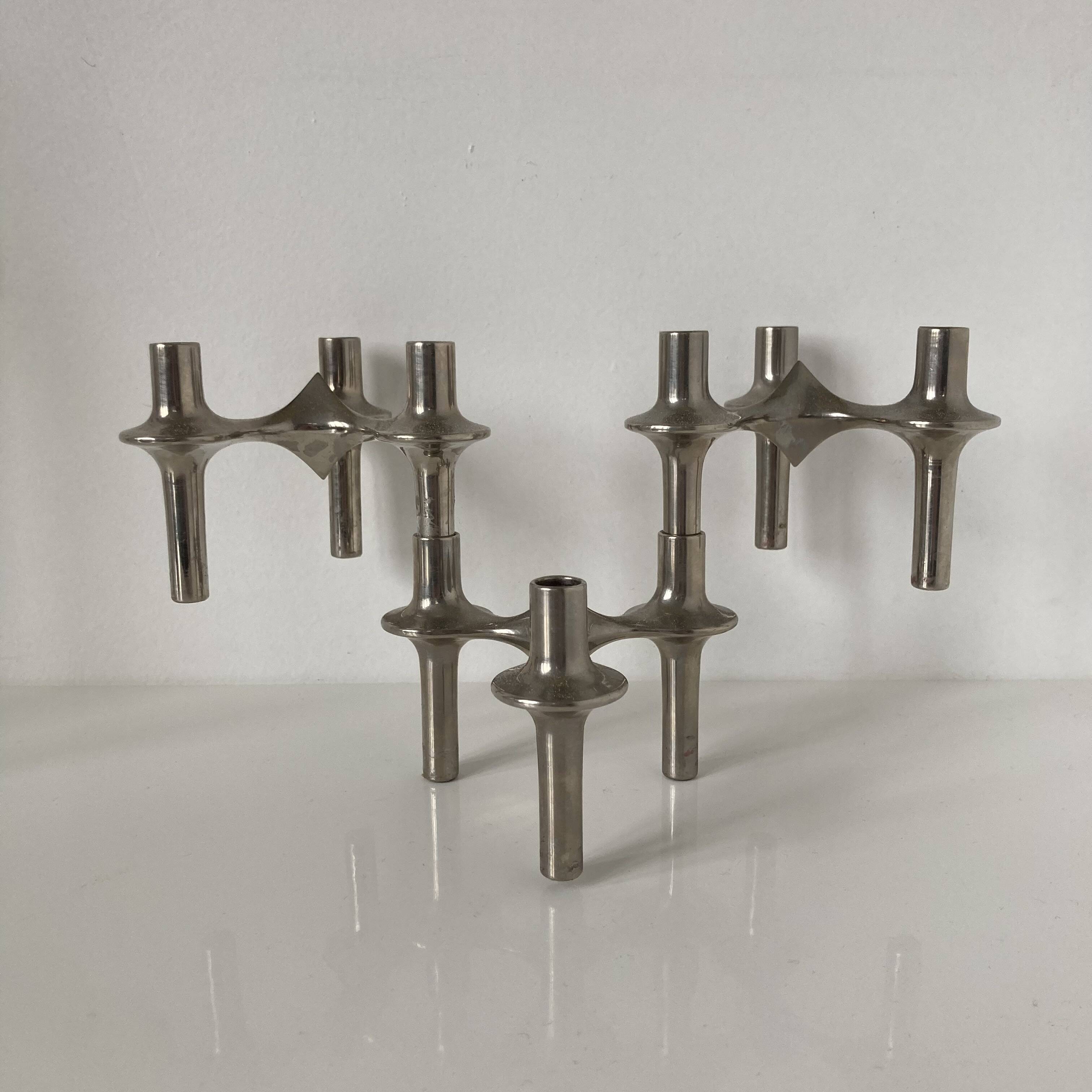 Set of three metal candle holders Nagel by Caesar Stoffi, circa 1960.