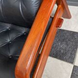 Teak and Black Leather 32 seat sofa by HS Denmark 1970s