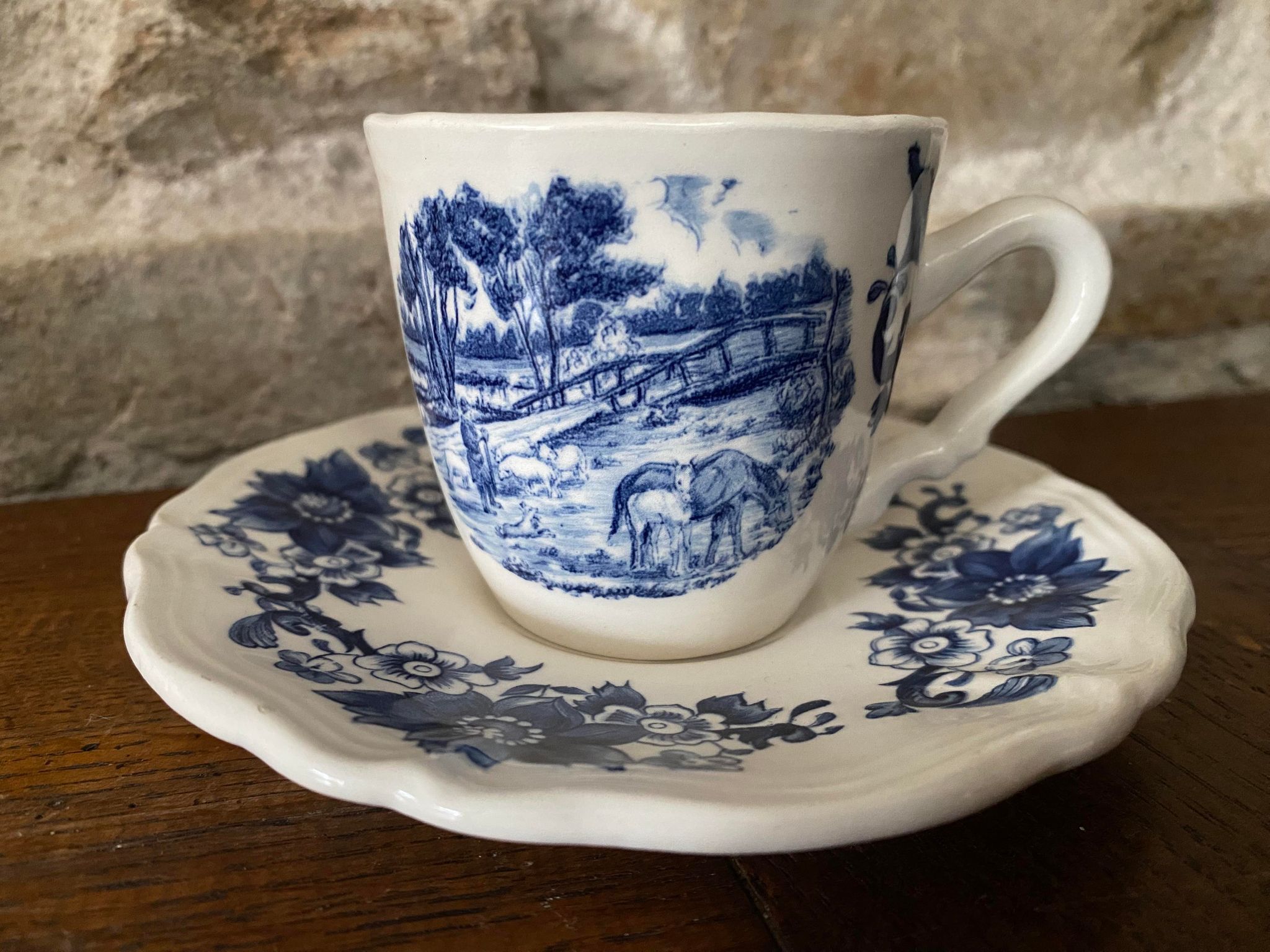 Cup and saucer earthenware Sarreguemines D.V. country décor and blue flowers