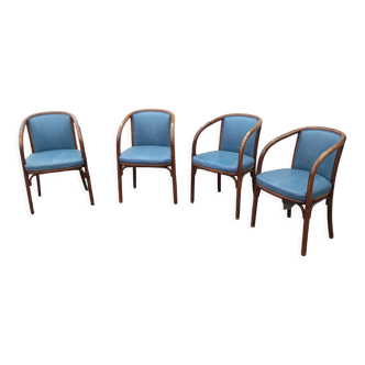 4 vintage curved wood leather Baumann bistro café armchairs