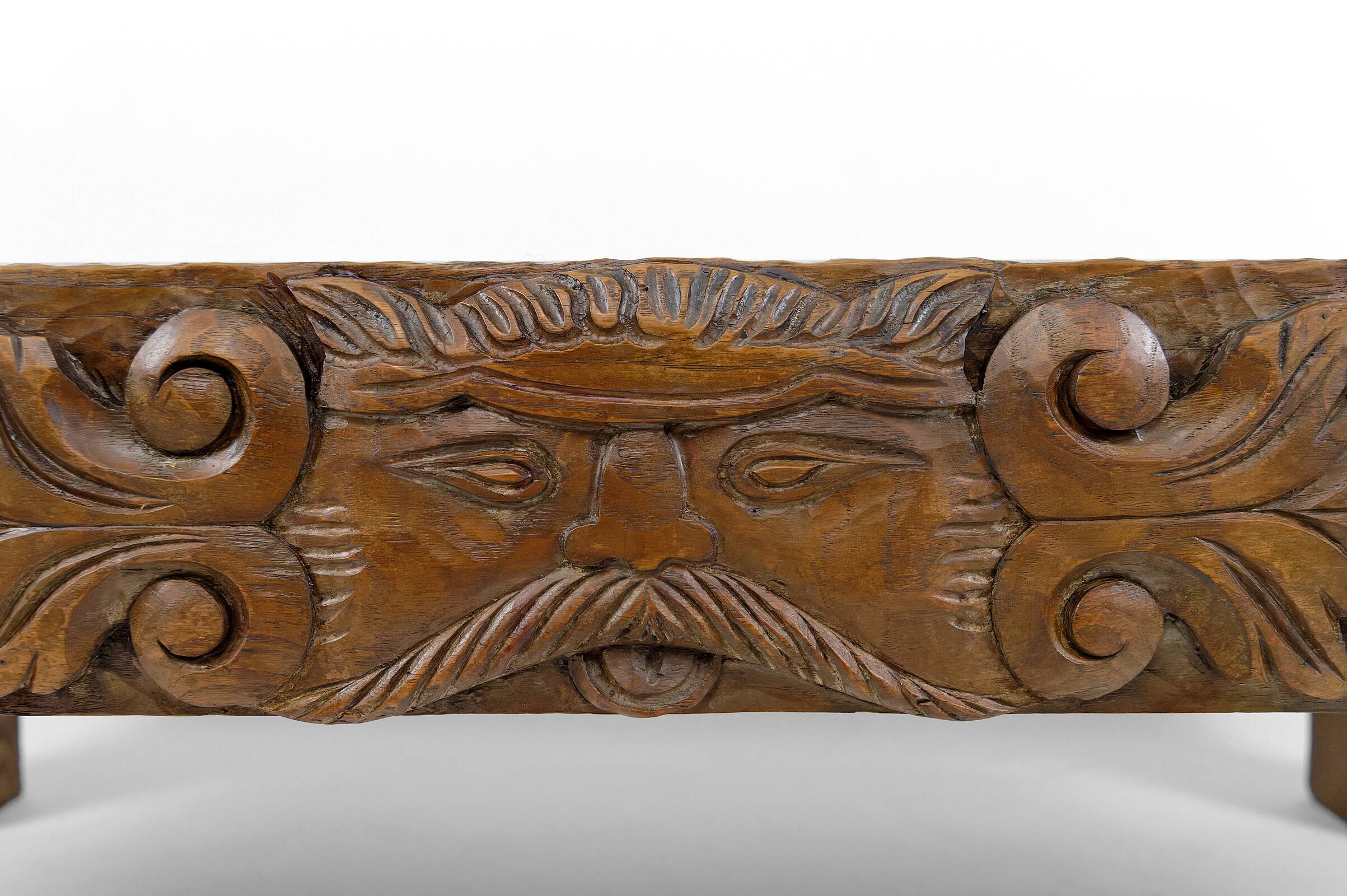 Solid oak coffee table carved with fauns and gray marble top, France, circa 1940