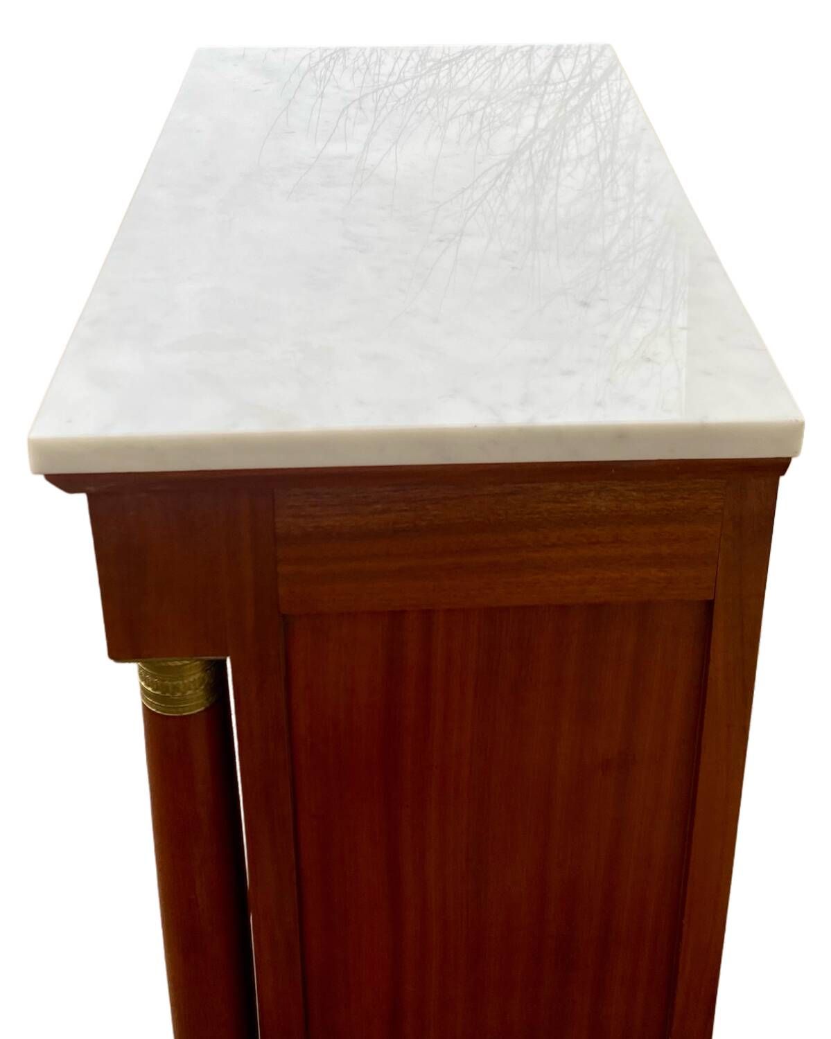 Empire secretary with white marble top in mahogany and brass, 6 drawers.