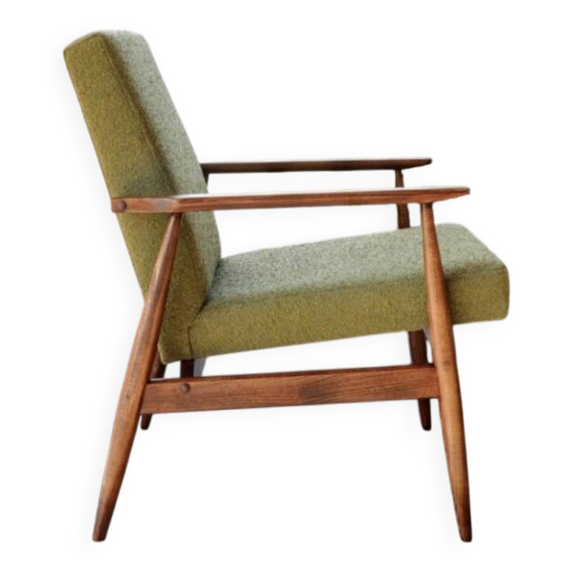 Mid-century modern armchair in olive green bouclé design by H. Lis.