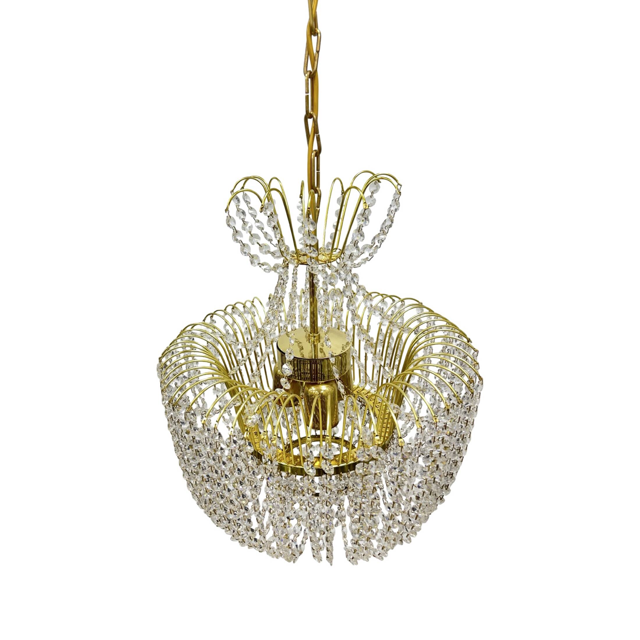 Kamenický Šenov crystal chandelier, gilded brass, 1970s, Czechoslovakia