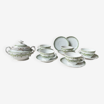 Vintage tea/coffee service in white green gold porcelain 19th century