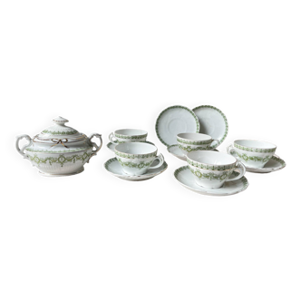 Vintage tea/coffee service in white green gold porcelain 19th century