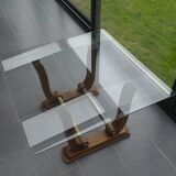 Table basse Art déco en verre, bois et laiton