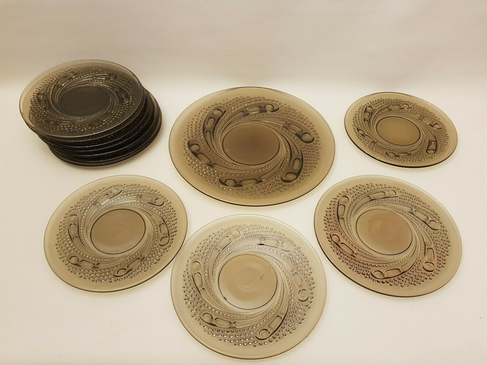 Dessert service 12 plates and vintage space age smoked glass dish