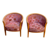 2 fauteuils club en bois massif courbé et tissu bordeaux soie brodée