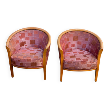 2 club chairs in curved solid wood and embroidered silk burgundy fabric.