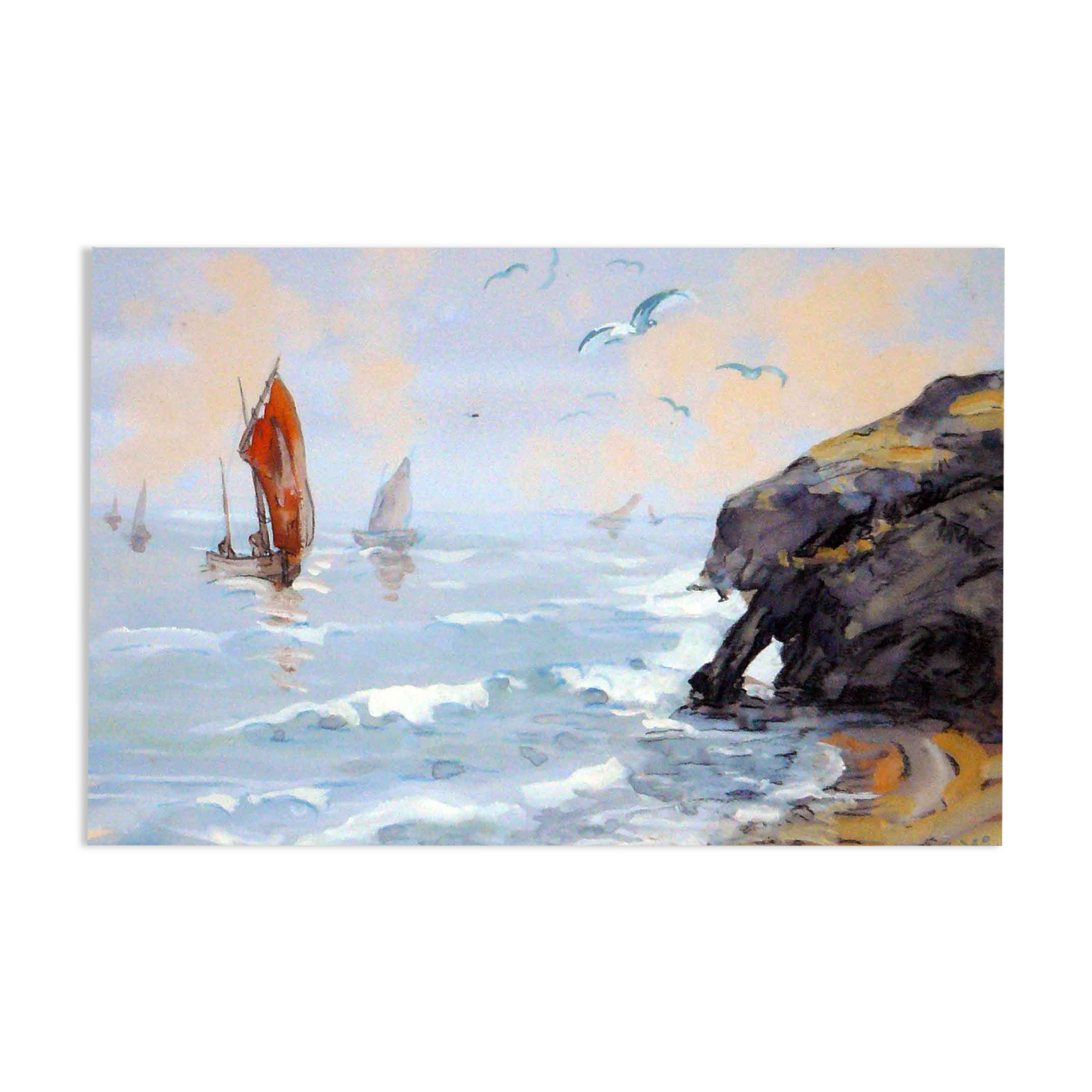 Painting Marine: sailboat, rock and seagulls, signed Padeo