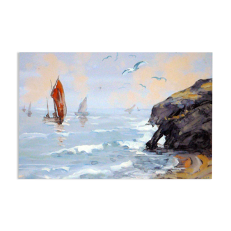Painting Marine: sailboat, rock and seagulls, signed Padeo