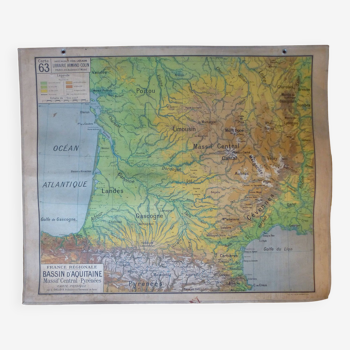 Ancienne carte d'école "Bassin d'Aquitaine, Massif Central-Pyrénées" N°63, éd. Vidal-Lablache 1930