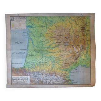 Ancienne carte d'école "Bassin d'Aquitaine, Massif Central-Pyrénées" N°63, éd. Vidal-Lablache 1930