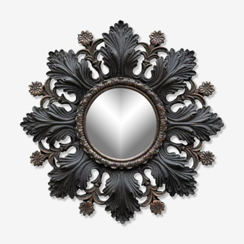 Miroir convexe feuilles et fleurs noires reflet doré 20 cm