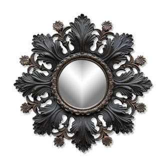 Miroir convexe feuilles et fleurs noires reflet doré 20 cm